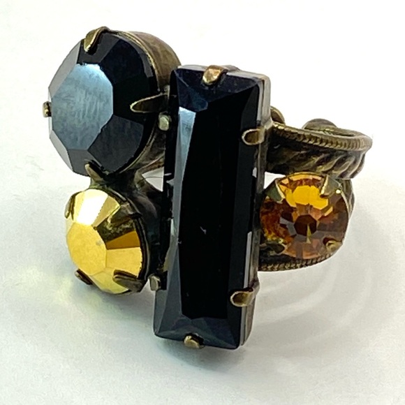 SORRELLI Cocktail Ring Rhinestone Crystal Prong Set Adjustable Antique Gold Tone - Picture 1 of 5